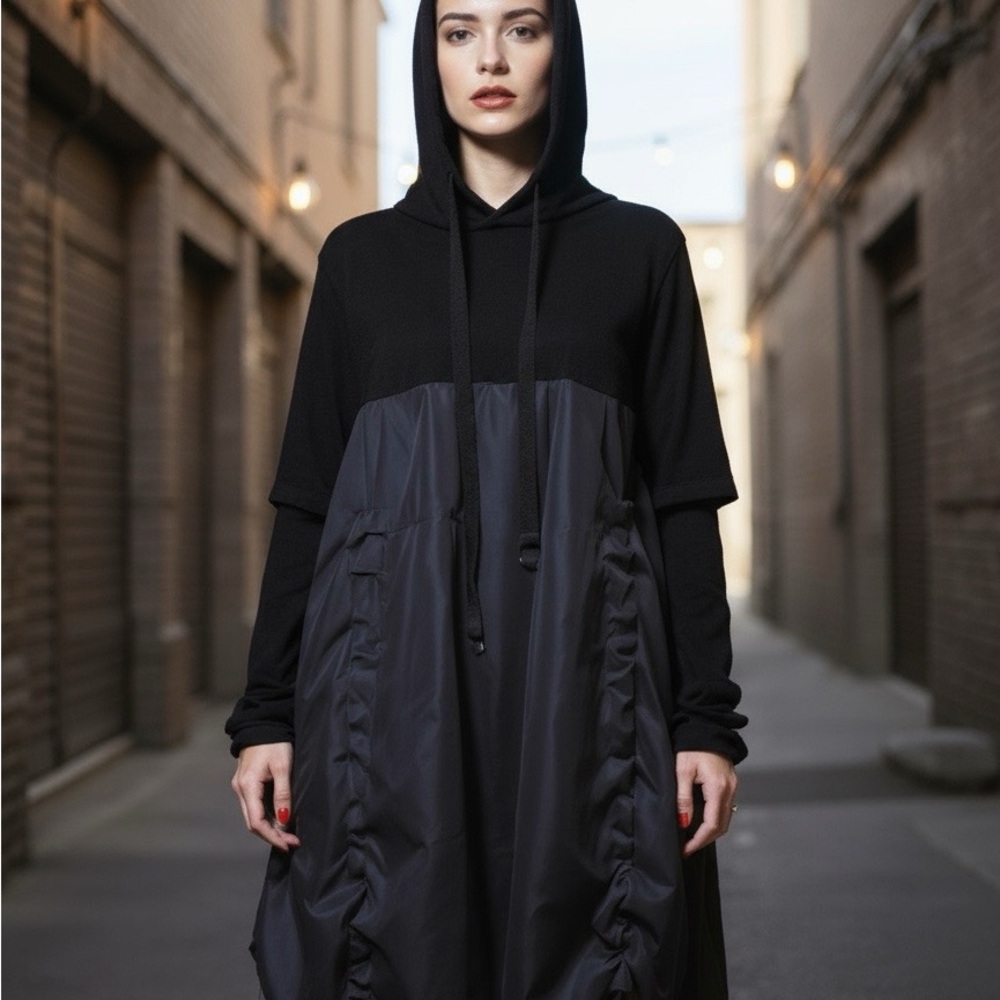 Avant-Garde Black Mixed Fabric Hoodie Dress